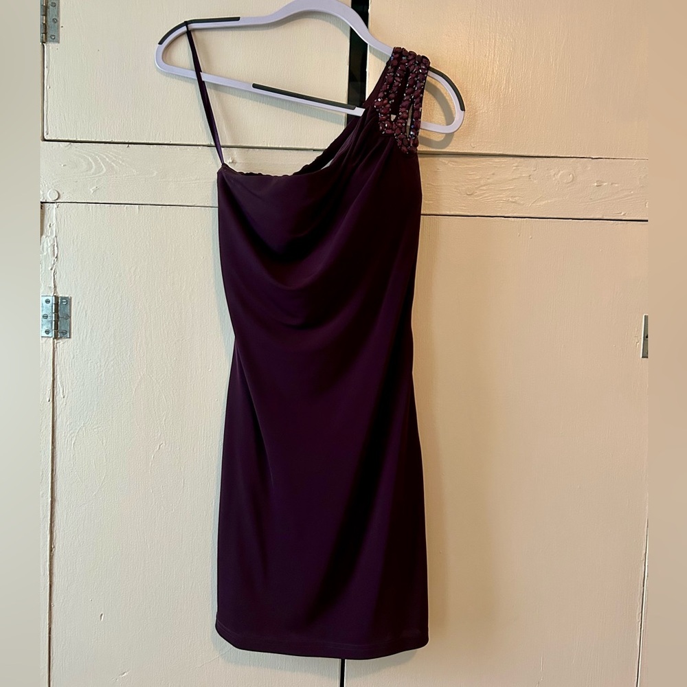 La Femme Size 2 plum formal dress open back beaded y2k one shoulder mini